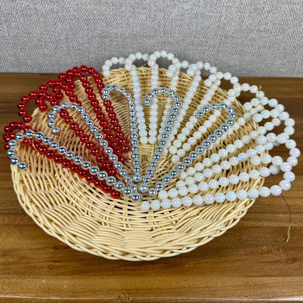 Vintage Set of Faux Beaded Candy Cane Christmas Ornaments Red Silver Iridescent